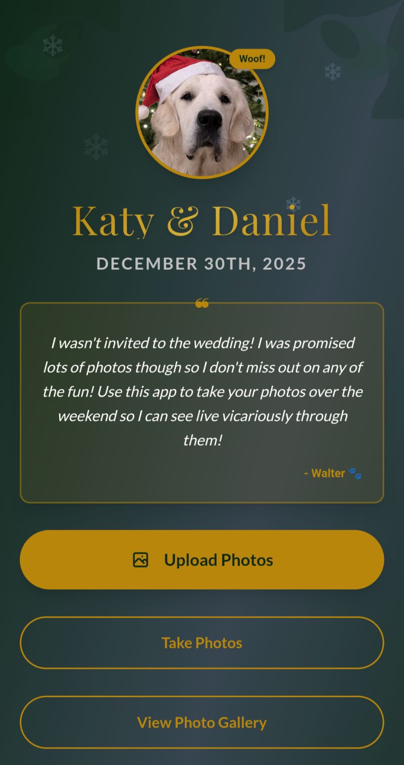 Screenshot of the wedding photo app, introduced by Walter the dog