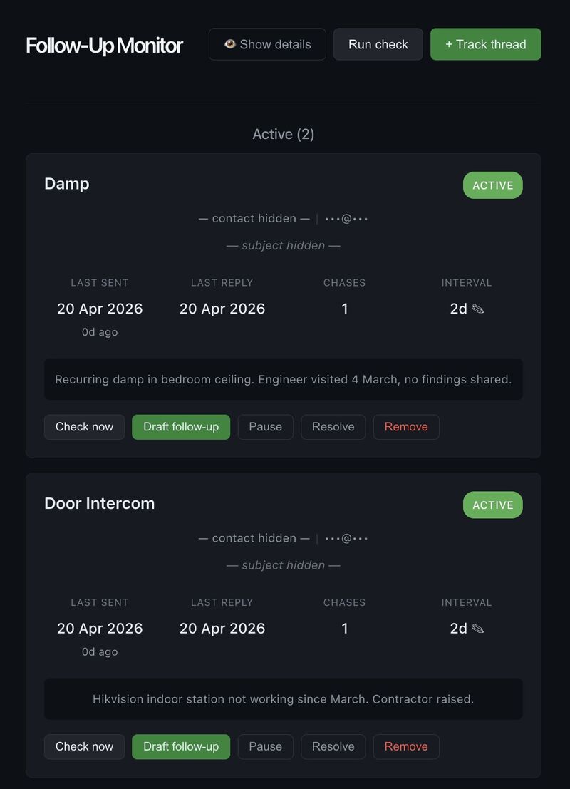 Screenshot of the Follow-Up Monitor with two active chases